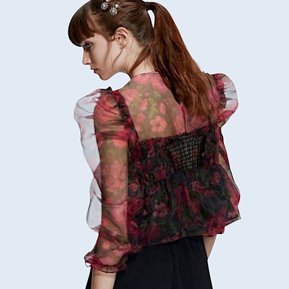 Floral Organza Puff Sleeve Babydoll Top - Picture 14 of 15